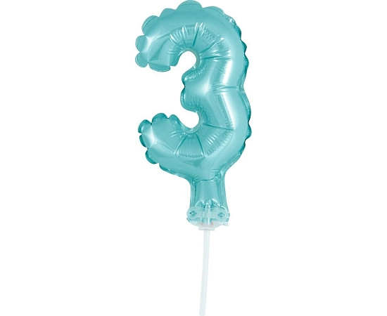 Balón foliový číslice - 3 - SVĚTLE MODRÁ 12,5 cm s držákem