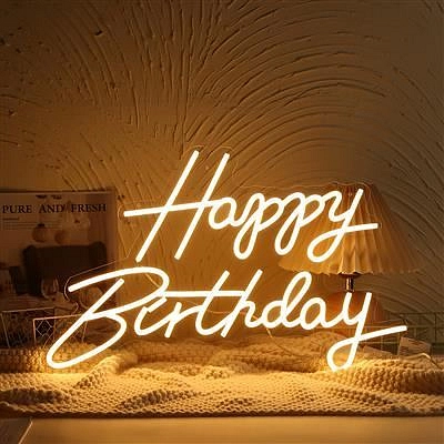 LED neon svíticí dekorace - Happy Birthday - narozeniny - teplá bílá