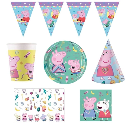 Dětská narozeninová sada prasátko Pepina - Peppa Pig - 12 osob, 66 ks
