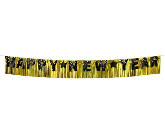 Papírová girlanda Happy New Year - Silvestr - zlaté pozadí - 180x22 cm