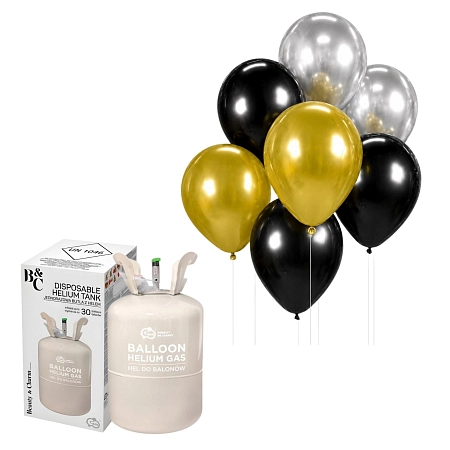 Helium a sada latex. balónků - chrom. zlatá, stříbrná, černá 7 ks - 30 cm