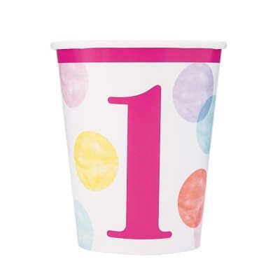 Papírové kelímky 1. narozeniny růžové s puntíky - HOLKA - 270 ml - 8 ks - Happy birthday