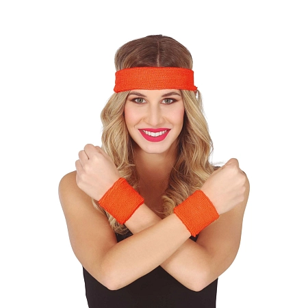 Retro sada potítek s čelenkou neon - oranžové - 80.léta - disco - 3 ks