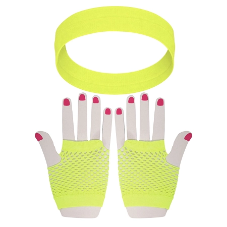 Sada retro síťované rukavice a čelenka - neon - žluté - 80.léta - disco