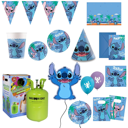 Dětská narozeninová sada Stitch a Angel s balónky a heliem - 12 osob, 112 ks
