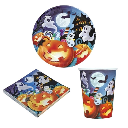 Halloween party sada Dýně Pumpkin - papírové talíře, kelímky a ubrousky pro 6 osob (32 ks)
