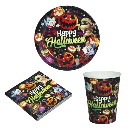 Halloween party sada Happy Halloween Monster - papírové talíře, kelímky a ubrousky pro 6 osob (32 k)
