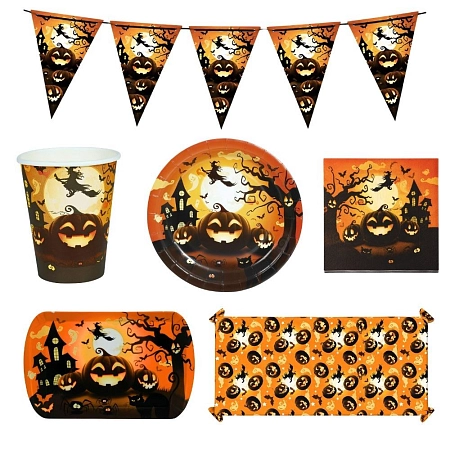 Velká Halloween party sada Dýně a čarodějnice - výzdoba a party nádobí pro 12 osob (47 ks)