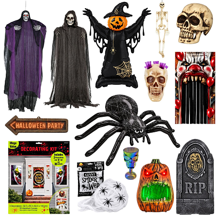 MEGA Halloween sada - strašidelná výzdoba s kostlivci, lebkami, pavoukem a světelnými efekty, 50 ks