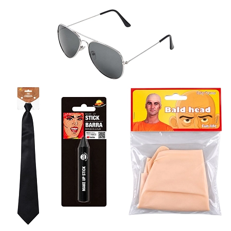Sada kostým Pitbull VELKÁ - pleš + make-up černá tužka + kravata + brýle