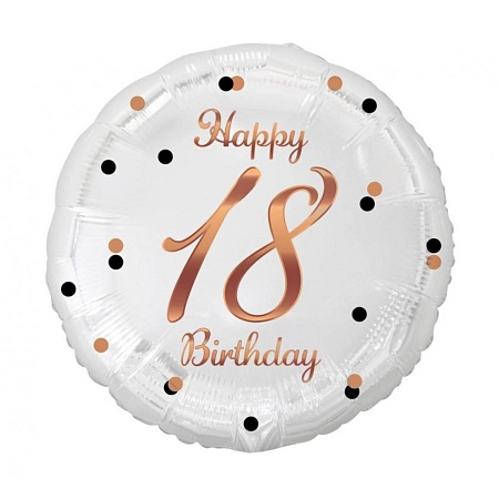 Balón foliový bílý 18 let - Happy Birthday - narozeniny - růžovozlatý nápis - 45 cm