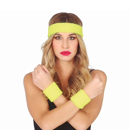 Retro sada potítek s čelenkou neon - žluté - 80.léta - disco - 3 ks