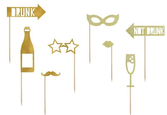 Foto doplňky - fotokoutek - párty - Silvestr - Happy New Year - zlaté - 8 ks