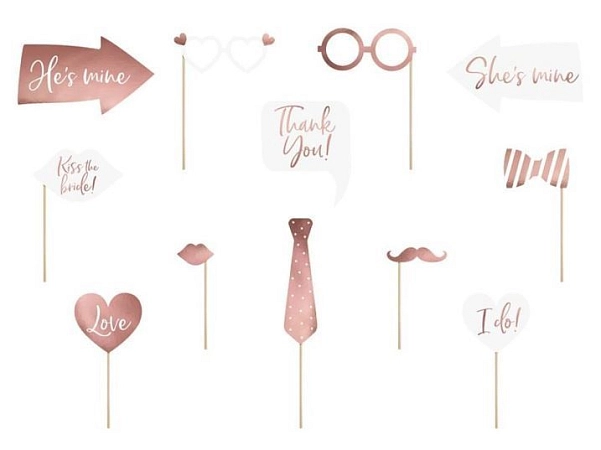 Foto doplňky - fotokoutek - rose gold / růžovozlatý - svatba - mix 12 ks