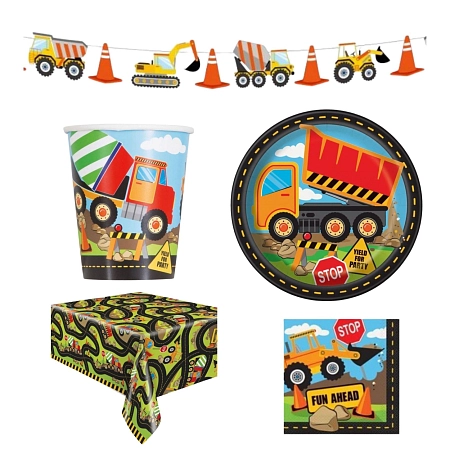 Dětská narozeninová sada Stavba - Bagr  - 16 osob, 50 ks