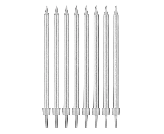 Narozeninové svíčky střibrné s podstavcemi délka - 10 cm - 8 ks