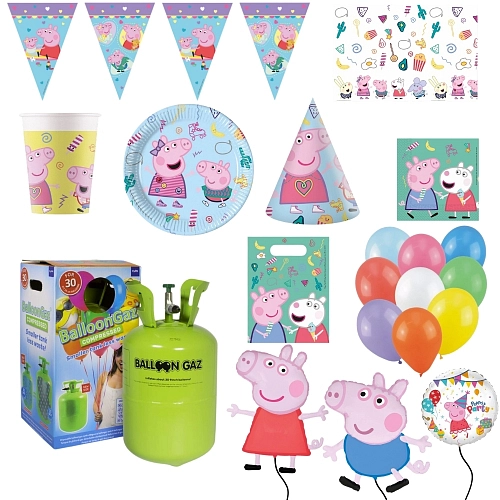 Dětská narozeninová sada prasátko Pepina - Peppa Pig s balónky a heliem - 12 osob, 98 ks