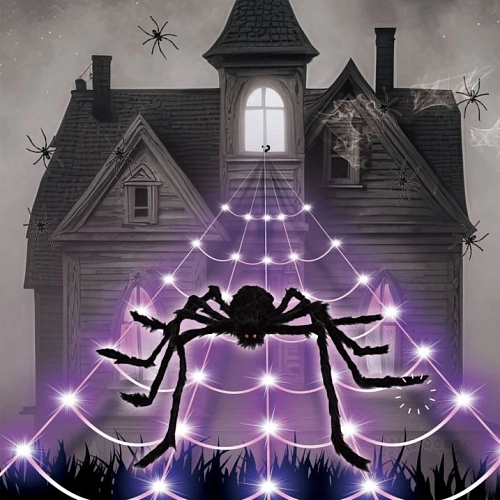 Dekorace obří pavouk s LED pavučina - Halloween - 500 cm