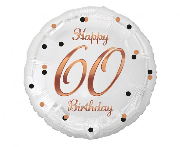 Balón foliový bílý 60 let - Happy Birthday - narozeniny - růžovozlatý nápis - 45 cm