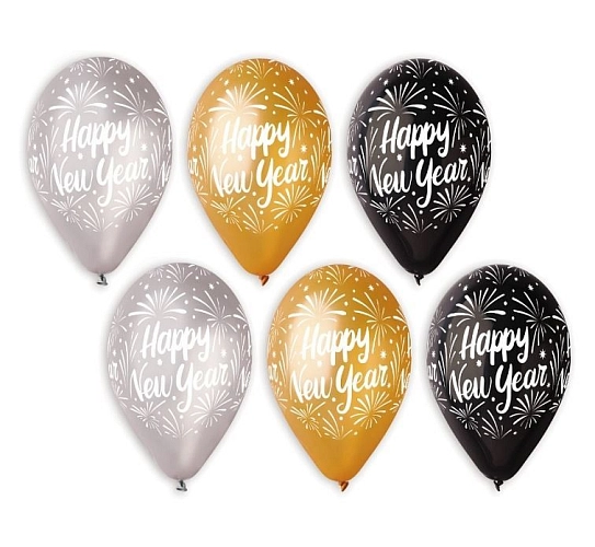 Balónky metalické 30 cm - Happy New Year 6 ks - Silvestr