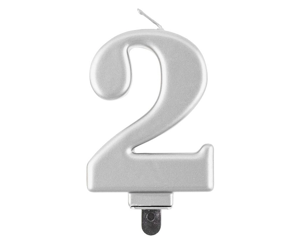 Narozeninová svíčka na dort - 2 - metalická stříbrná - 8 cm
