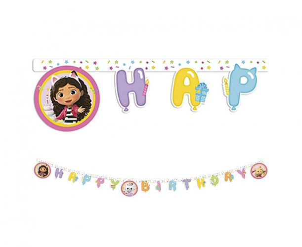 Girlanda Gábinin kouzelný domeček - Gabby's Dollhouse - Happy Birthday - 200 cm