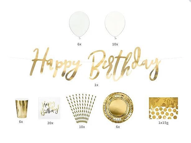 Párty sada narozeniny Happy Birthday - zlatá - 60 ks