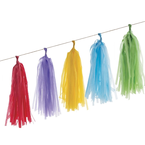 Girlanda střapce - třásně - pom pom - multicolor - duha barevná - 20 ks - 420 x 30 cm