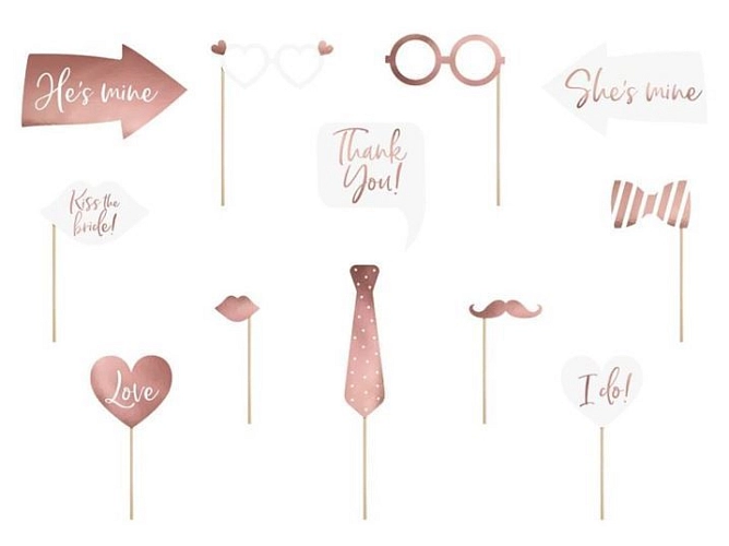Foto doplňky - fotokoutek - rose gold / růžovozlatý - svatba - mix 12 ks