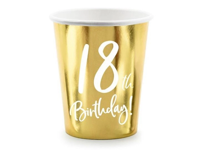 Papírové kelímky 18 LET - narozeniny - Happy birthday - zlaté - 220 ml,6 ks