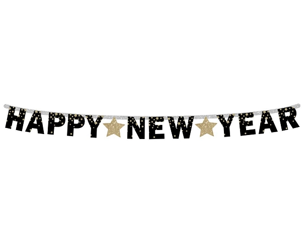 Papírová girlanda Happy New Year - Silvestr - zlaté hvězdy - 180 cm