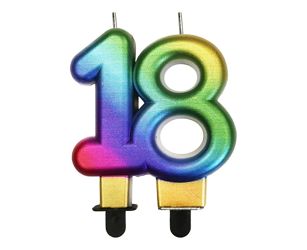 Narozeninová svíčka 18 - Rainbow - duhová - Happy Birthday - 7,5 cm
