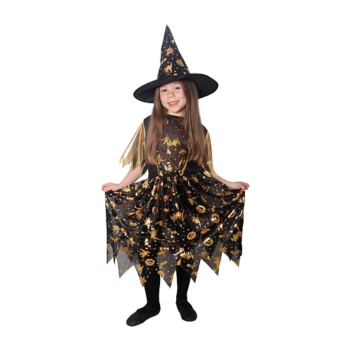 Dětský kostým čarodějnice černo-zlatá s kloboukem - Halloween - vel. M