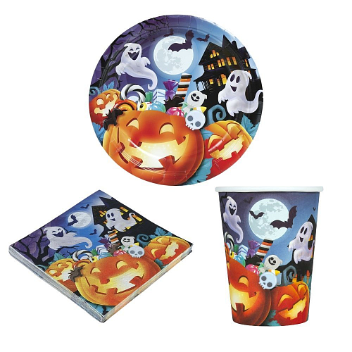 Halloween party sada Dýně Pumpkin - papírové talíře, kelímky a ubrousky pro 6 osob (32 ks)