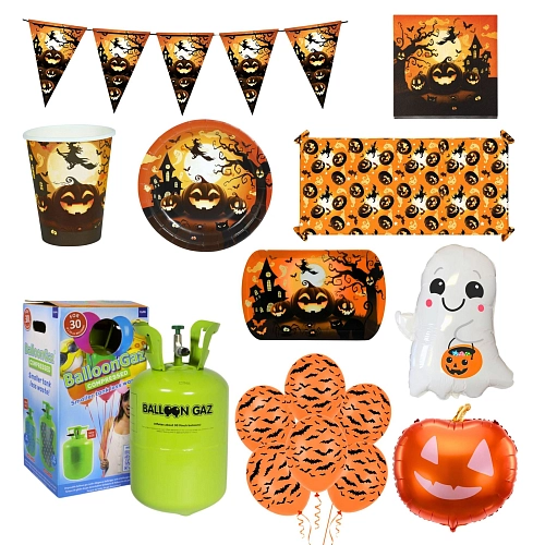 Mega Halloween party sada Dýně a čarodějnice - výzdoba, balónky a party nádobí pro 12 osob (57 ks)