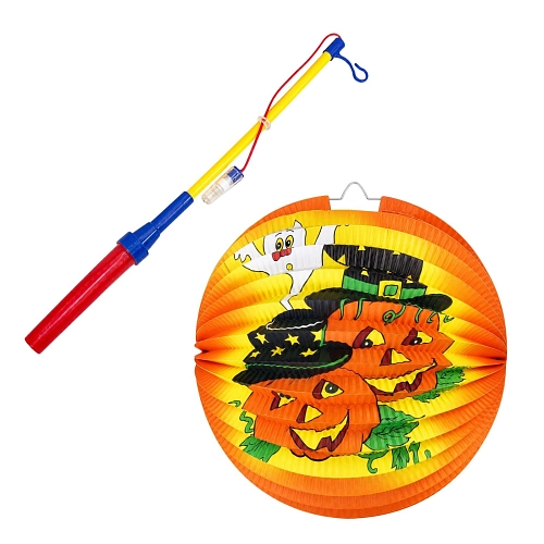 Lampion s veselými dýněmi a svítící hůlkou