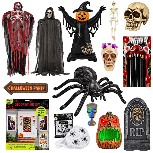 MEGA Halloween sada - strašidelná výzdoba s kostlivci, lebkami, pavoukem a světelnými efekty