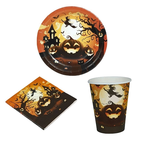 Halloween party sada Dýně a čarodějnice - papírové talíře, kelímky a ubrousky pro 6 osob (32 ks)