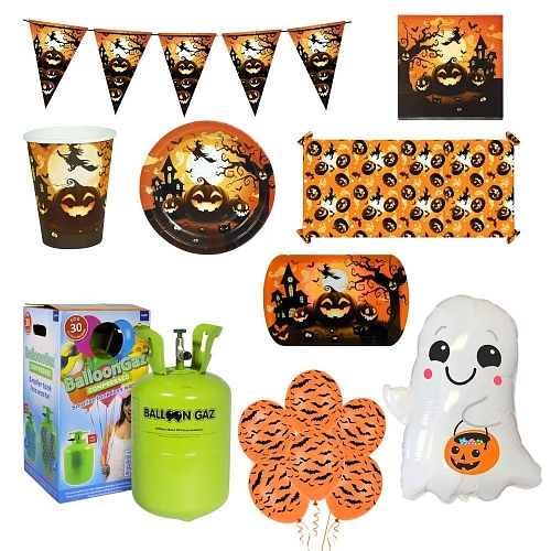MEGA Halloween party sada Dýně a čarodějnice - výzdoba, balónky a party nádobí pro 12 osob (55 ks)