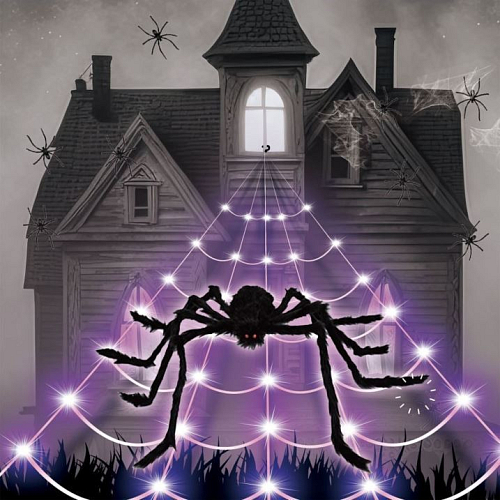 Dekorace obří pavouk s LED pavučinou - Halloween - 500 cm