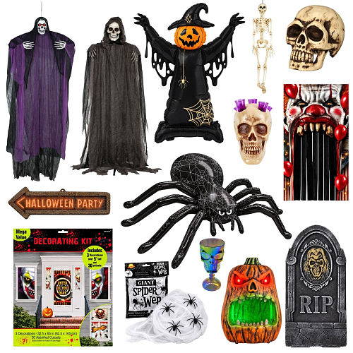 MEGA Halloween sada - strašidelná výzdoba s kostlivci, lebkami, pavoukem a světelnými efekty, 50 ks