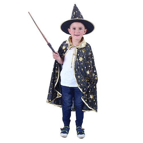 Dětský kouzelnický černý plášť s hvězdami a klobouk - čarodějnice - Halloween