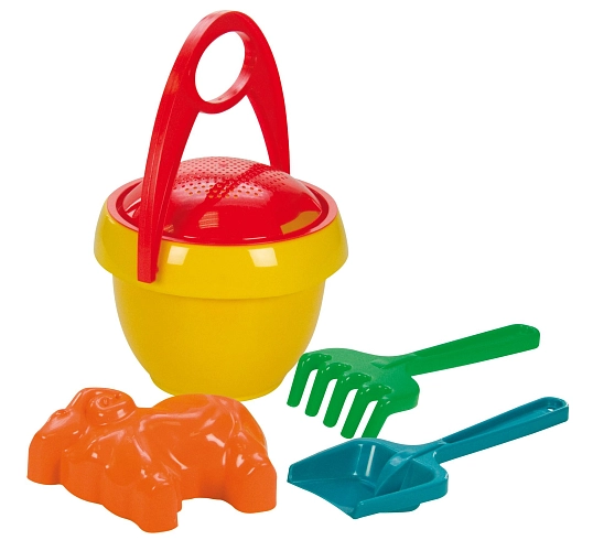 sada kbelík 20 cm,sítko,lopatka, hrábě a formička