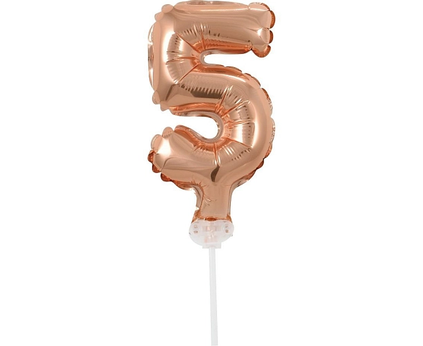 Balón foliový číslice - 5 - RŮŽOVO ZLATÁ - ROSE GOLD 12,5 cm s držákem
