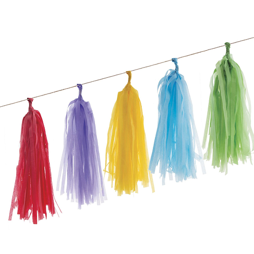 Girlanda střapce - třásně - pom pom - multicolor - duha barevná - 20 ks - 420 x 30 cm