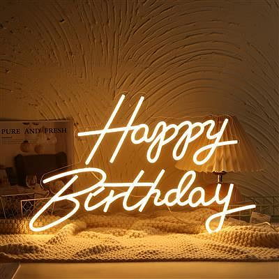 LED neon svíticí dekorace - Happy Birthday - narozeniny - teplá bílá
