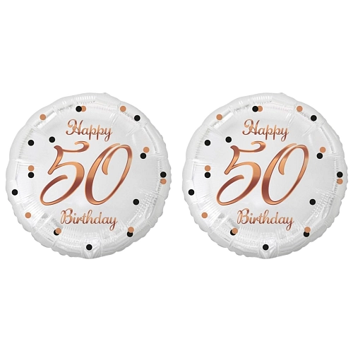 Balón foliový bílý 50 let - Happy birthday - narozeniny - růžovozlatý nápis -  45 cm - 2 ks