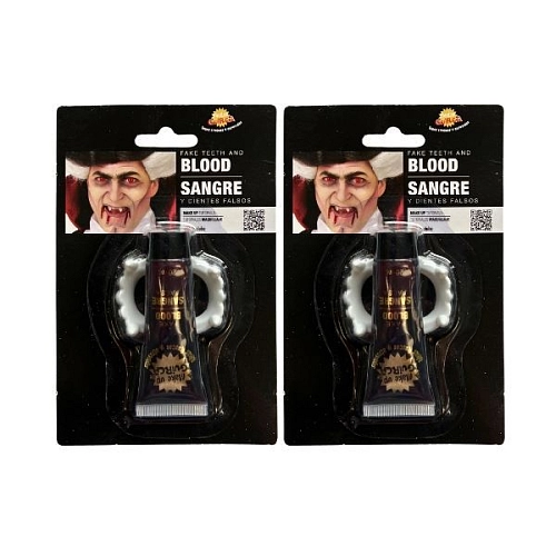 Upíří zuby s umělou krví 40ml - upír - vampír - drakula - Halloween - 4 ks