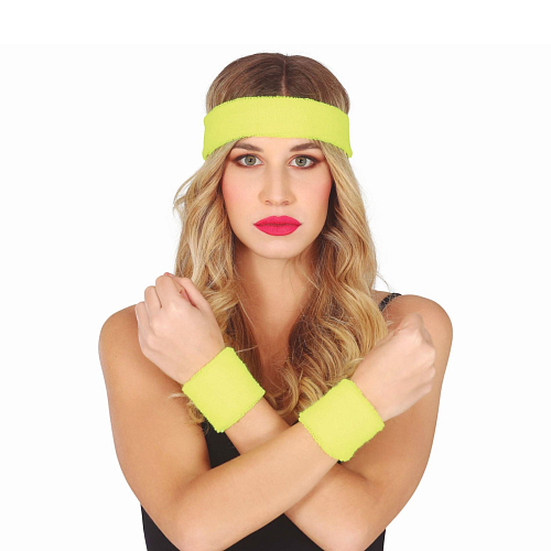 Retro sada potítek s čelenkou neon - žluté - 80.léta - disco - 3 ks