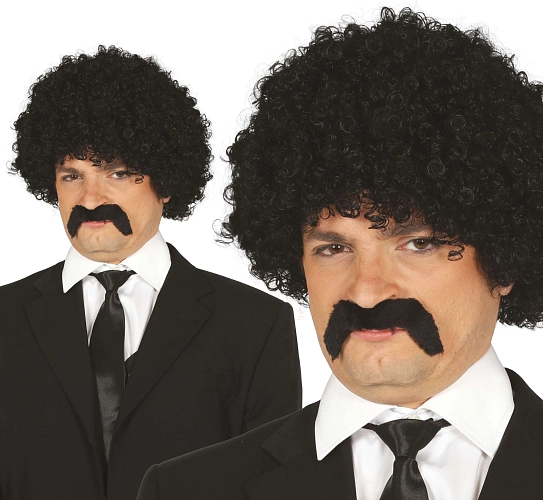 Pánská černá kudrnatá paruka s knírem